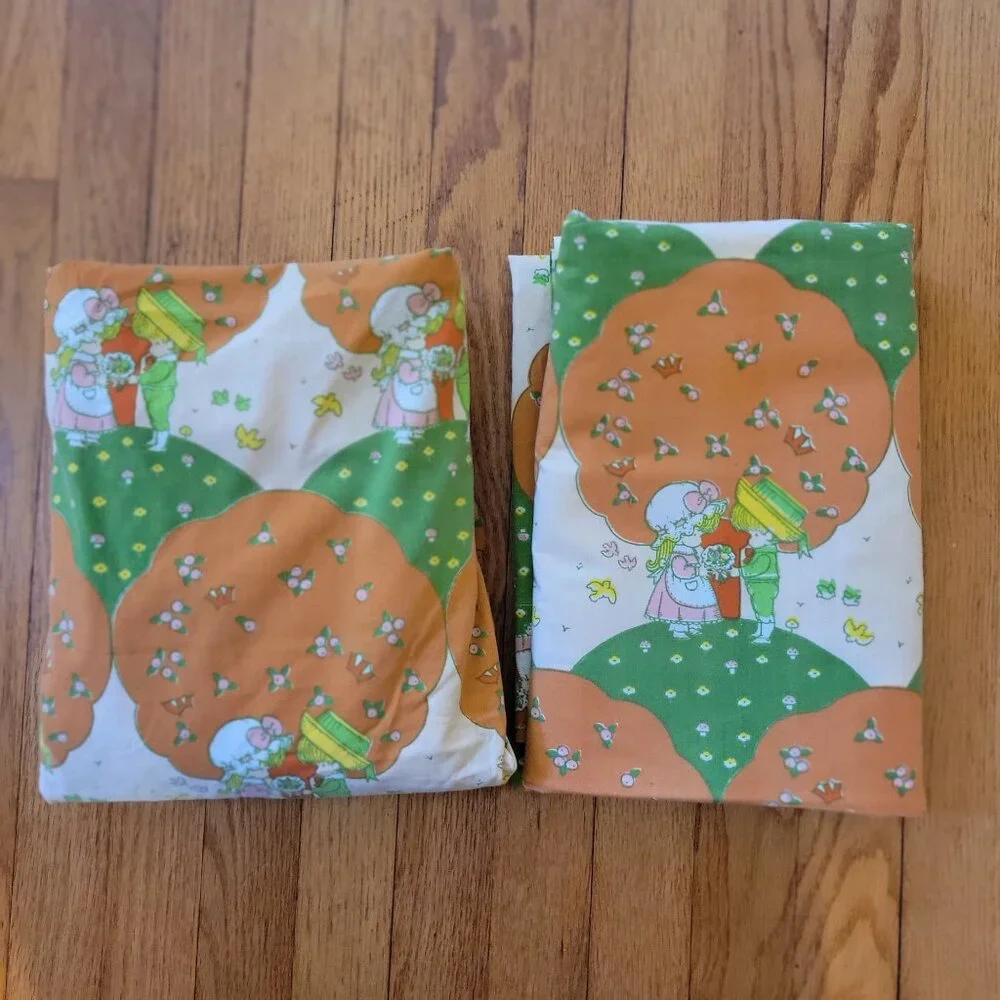 Joan Walsh Anglund Vintage 1975 Utica Twin Flat Fitted Sheet Set Orange Green Do